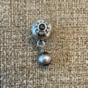 Pandora Silver Clip Charm with Two Dark Stones and a Dangling Purple Pearl